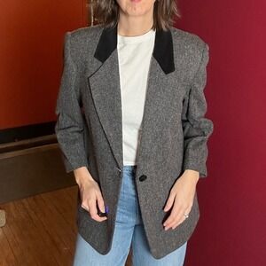 Vintage Grey Tweed Wool Power Blazer Black Velvet Collar Women M/L Power
